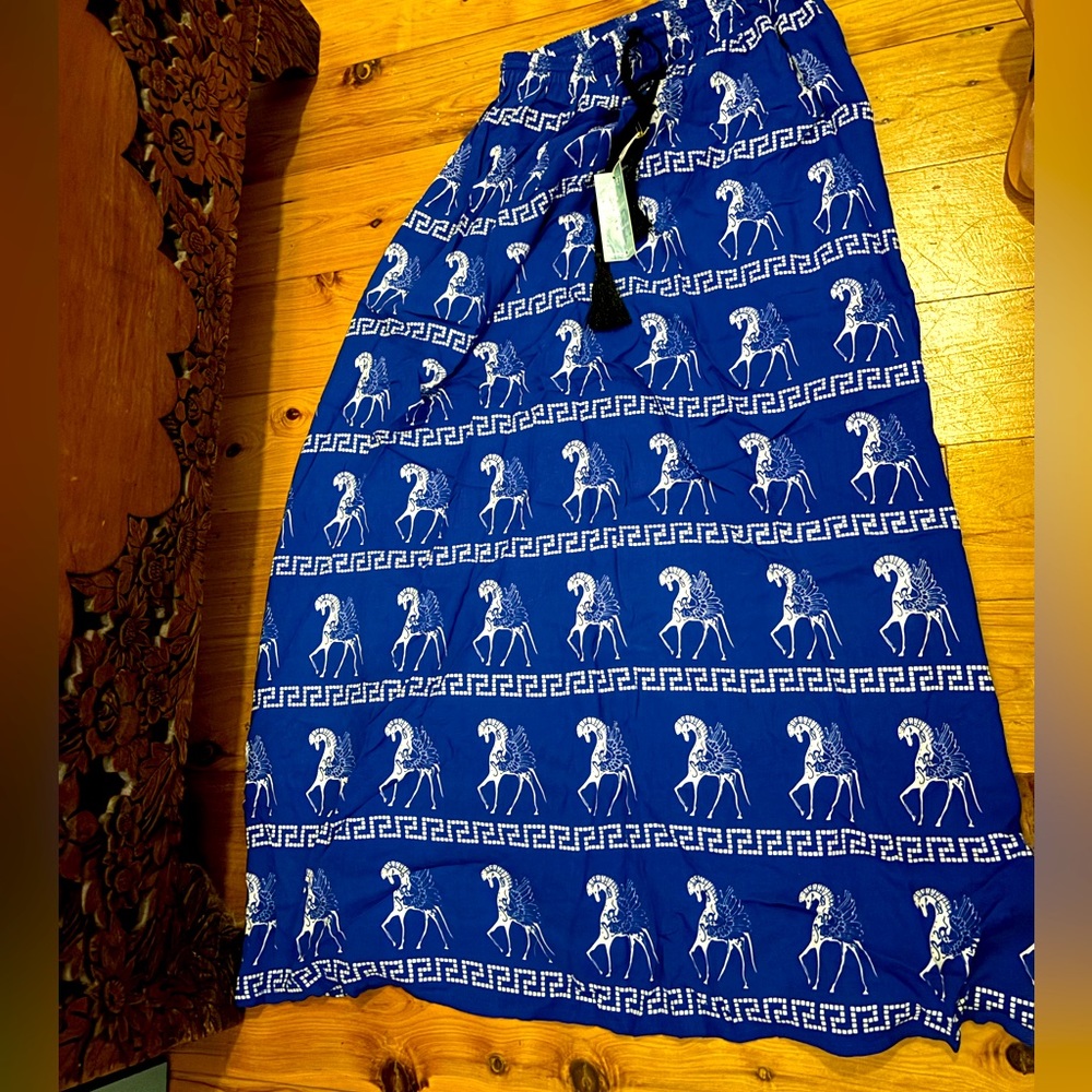 Blue Maxi Skirt with White Horse Print
